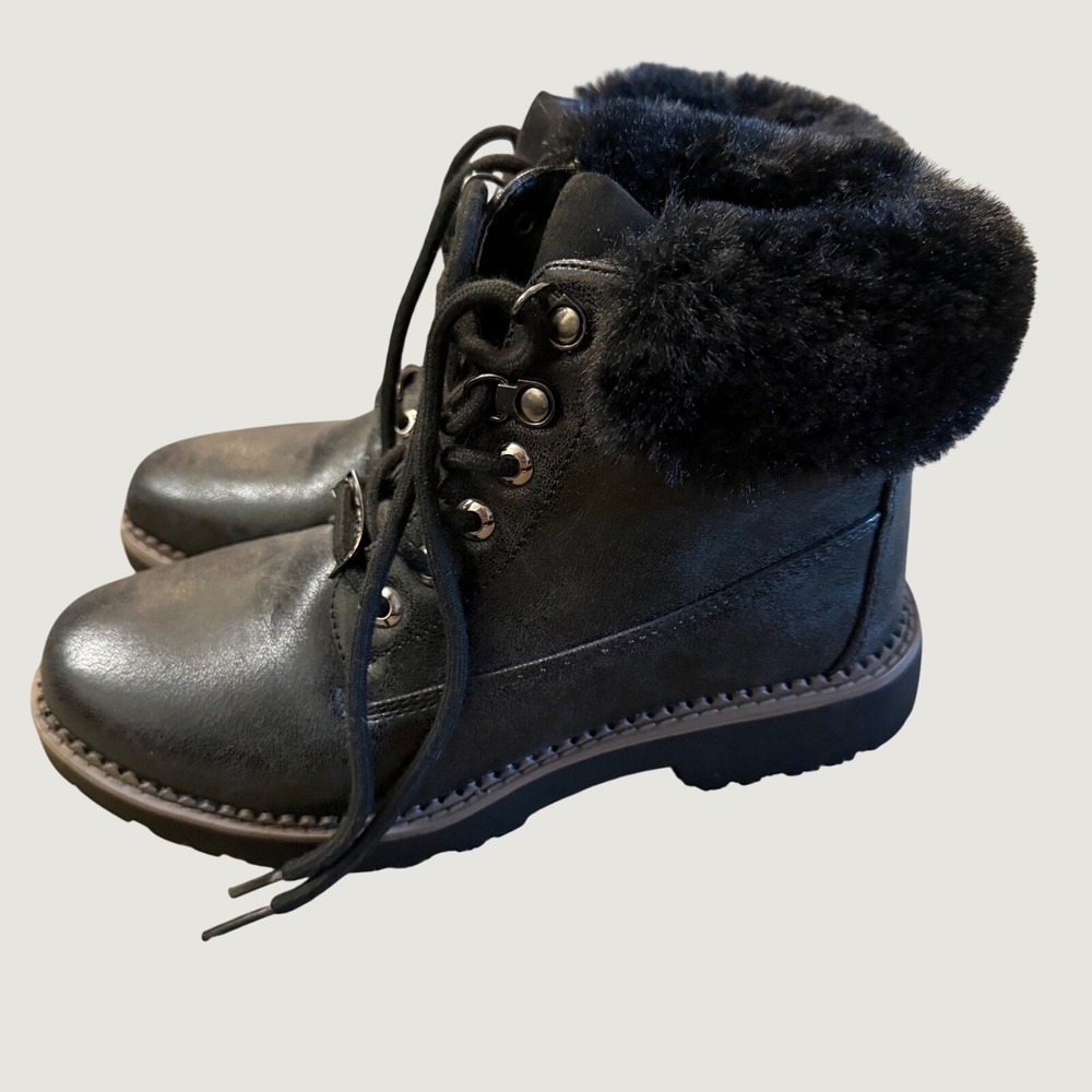 Esprit Vida Chelsea Black Faux Fur Lace Up Combat Boots E18CHE70 Womens 7.5 M